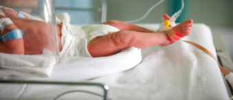 Premature baby sleeping in an incubator