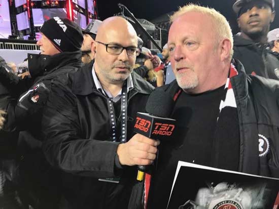 A.J. broadcasting at the 2016 Grey Cup