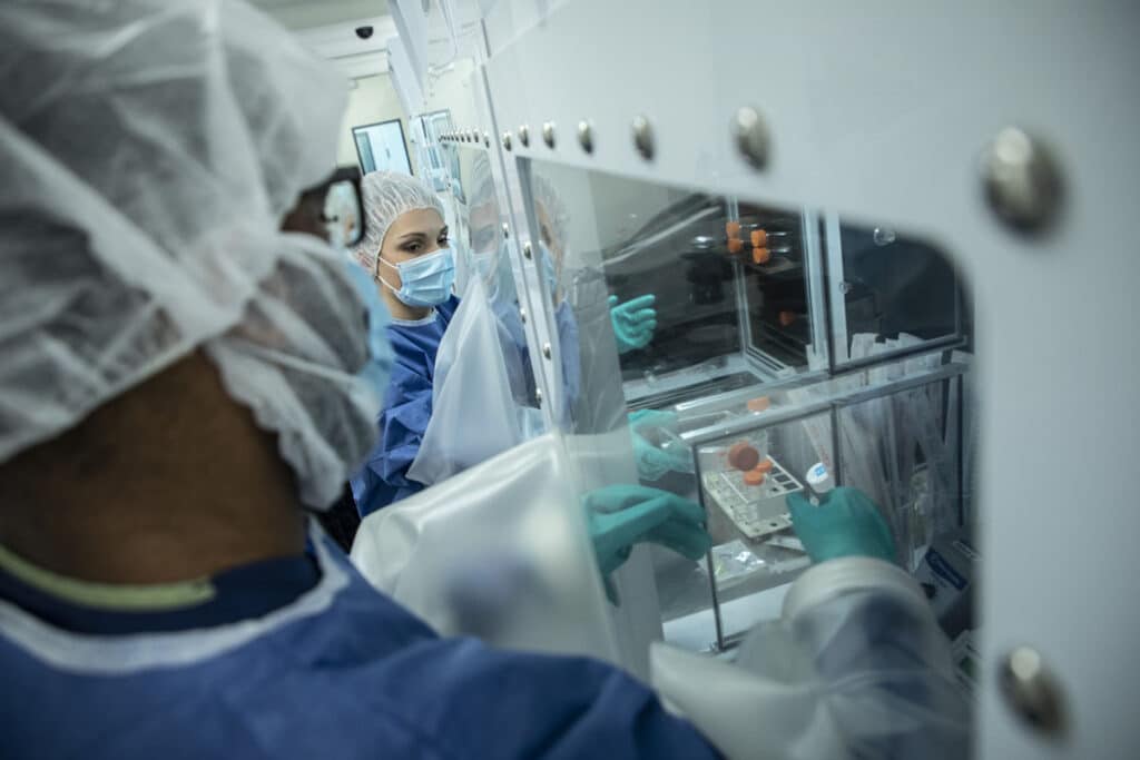 A technician at work inside the Biotherapeutics Manufacturing Centre